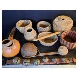 Vintage handmade baskets, horse bells,
