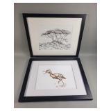 Pair of signed ink drawings under glass