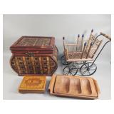 Wood and metal doll wagon, bamboo storage box, etc