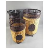Three metal and wicker baskets