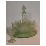 Vintage green vaseline glass decanter & cups