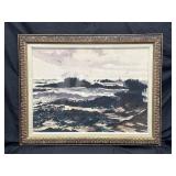Signed watercolor depicting a coastal landscape