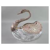 Sterling silver and crystal swan salt cellar