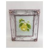 Vintage stained glass pear panel in metal floral