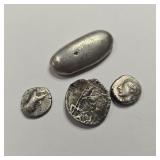 3 ancient silver coins and 1 Greek silver bar