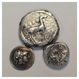 3 silver ancient Greek coins, 1 appears