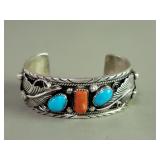 Sterling silver, Turquoise and coral Navajo style