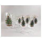 Set of spode Christmas tree pitcher with stemware