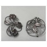 Pair of sterling silver floral brooches