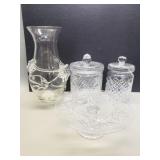 Group of crystal and glass vase, jars, and cake