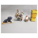 Group of pottery vase, stone bonsai tree, and a