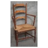 Vintage ladder back walnut arm chair with rush