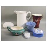 Group of Belleek egg, porcelain vase, porcelain