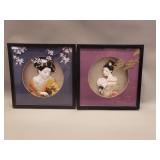Pair of vintage Japanese geisha in shadow box