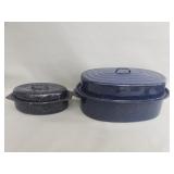 Pair of white speckled roasting pan granite ware