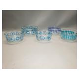 Pyrex pinwheel and polka dot glass bowls
