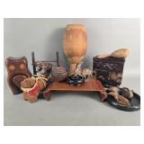 Group of collectable wood items, wood stands,