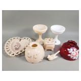 Westmoreland glass trinket dish, lamp shades,