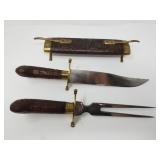 Carved wood and bronze Indian carving set