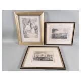 3 vintage engravings 2 hand colored