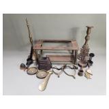Group of vintage brass and iron oil lamp, candle