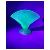 Uranium green depression glass fan vase
