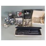 Group of silverplate napkin rings, salt & pepper