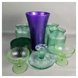 Group colored glass, candle holder, bowls, vase