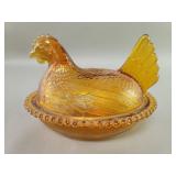 Vintage amber glass hen on nest covered  bowl