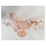 Group of vintage pink depression glass stemware,