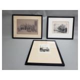 3 vintage etchings, 1 signed