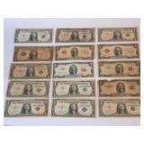 Vintage US currency, $2 red seal, $1 silver notes