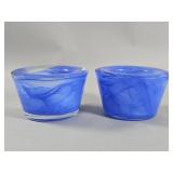 Pair of blue art glass votive candle holders