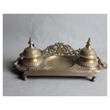 Vintage brass double inkwell  with central coin
