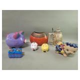 Ceramic pig banks, beerstein, vase trinket box
