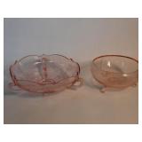 2 vintage pink glass three foot bowls
