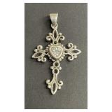 Signed  sterling silver and cz heart cross pendant