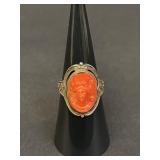 Vintage sterling silver ring with orange carved