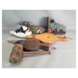 Group of vintage wood duck decoy, mallet,