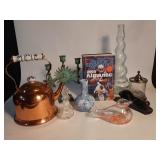 Vintage items: copper teapot, 2003 Almanac, brass,