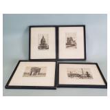 4 vintage engravings of Paris landmarks