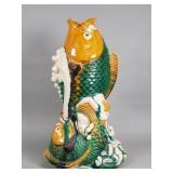 Vintage Asian glazed pottery koi vase