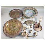 Group of vintage brass bowl, tray, candle