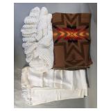Vintage crochet shawl, blanket, and silk scarf