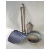 Group of vintage brass metal lantern, tray, bowl