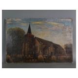 Oil on canvas painting of a graveyard and church