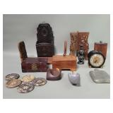 Wood trinket boxes, book rack, Art Deco clock