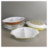 Group of vintage Pyrex divided casserole dishes