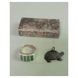 Silver pill box, Silver and turquoise ring,
