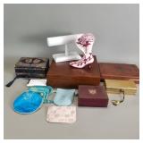 Group of miscellaneous boxes, pouches, sewing kits
